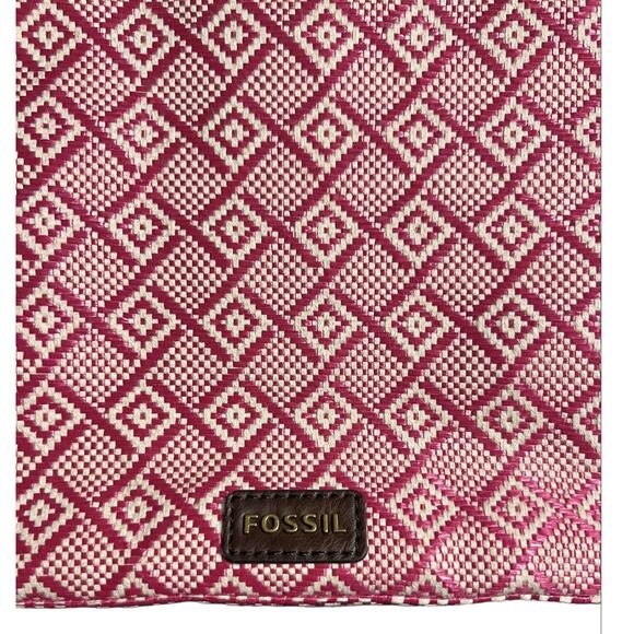 Fossil Purse Pink White Straw Leather Trim Crossbody Bag - Picture 3 of 10